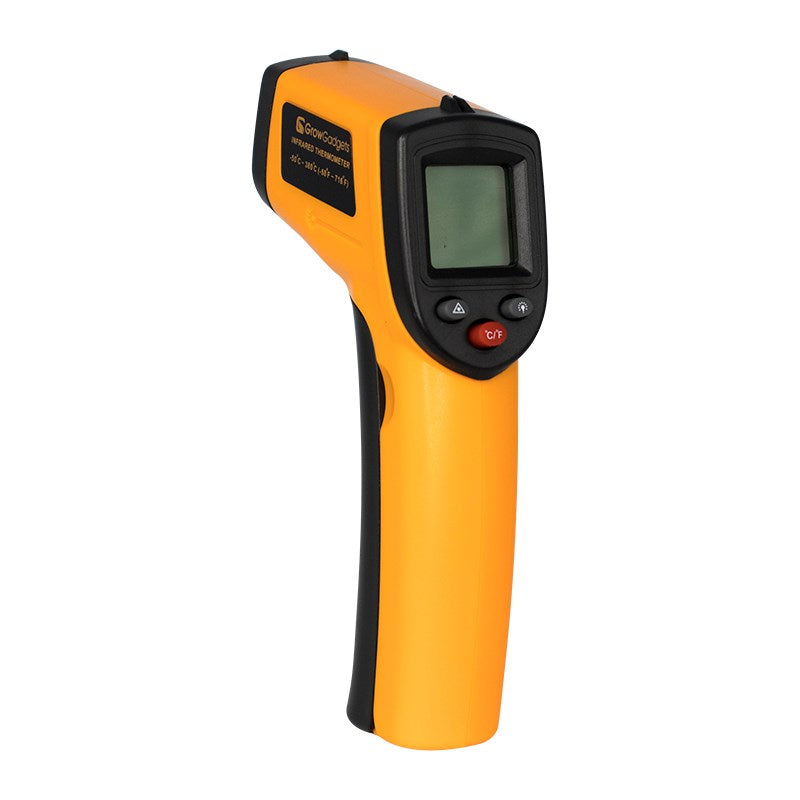Orange and black handheld laser thermometer with LCD display and side buttons