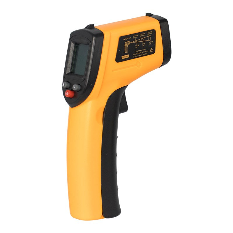 Handheld orange laser thermometer with left LCD window, off switch, and trigger grip