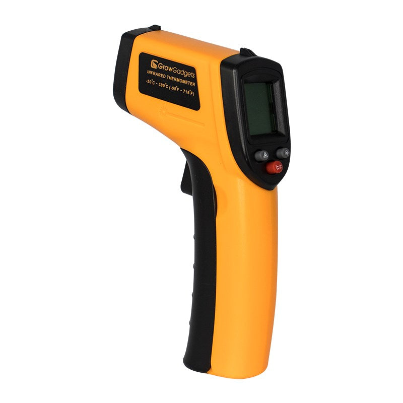 Orange and black laser thermometer with LCD screen and trigger control buttons