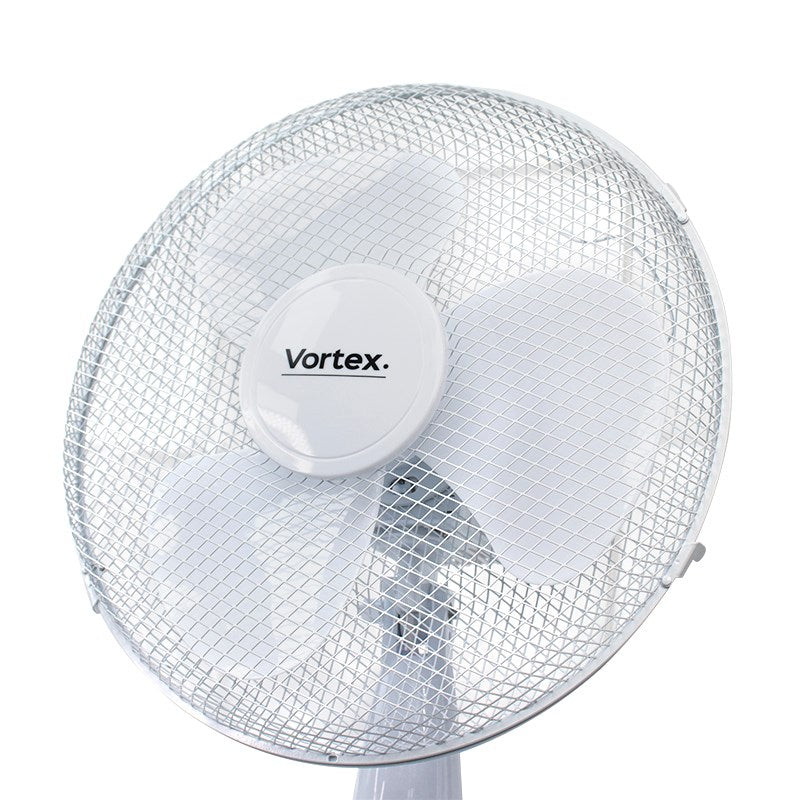 Vortex pedestal fan with mesh grille and front logo, white
