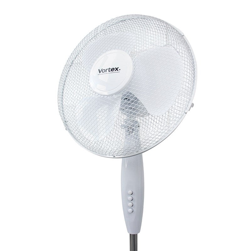 Vortex pedestal fan with mesh grille and white control handle