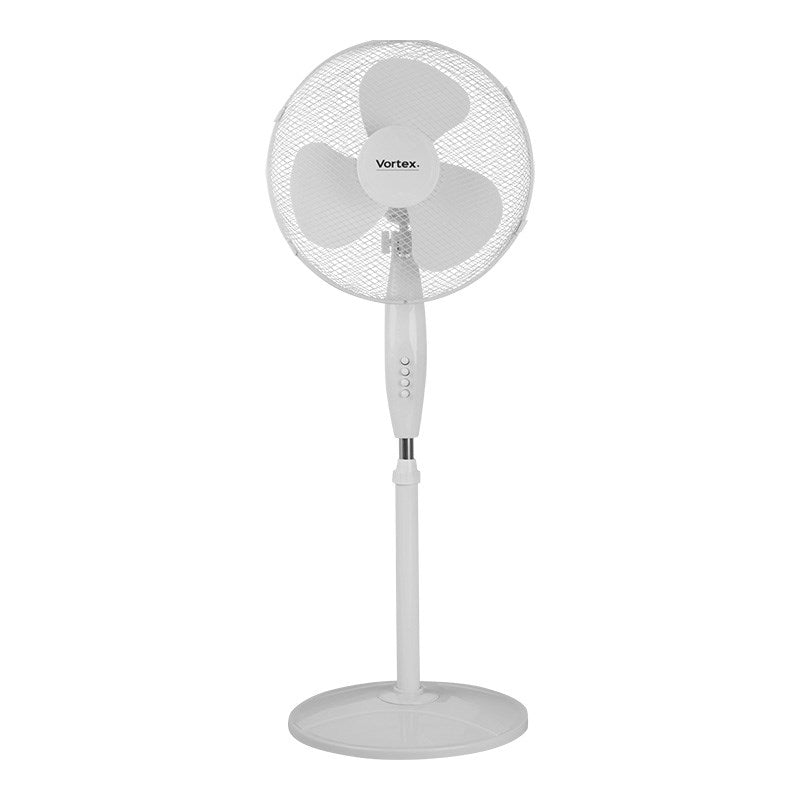 Vortex 16-inch pedestal fan with circular base, white mesh guard