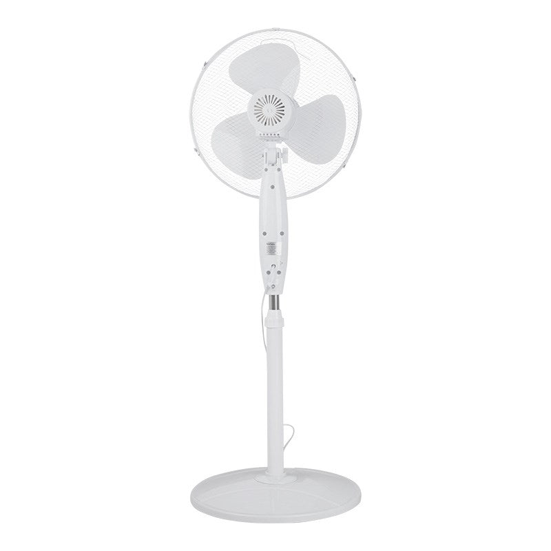 Vortex pedestal fan with circular base and mesh fan guard, white