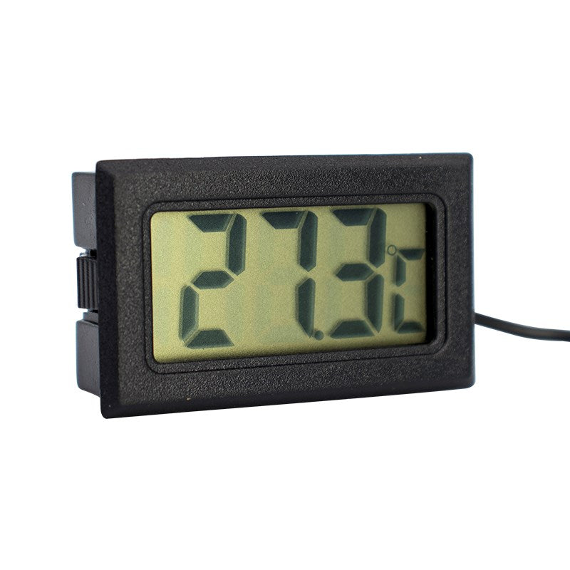 Waterproof probe thermometer, black rectangular housing with green LCD reading and cord