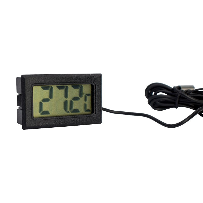 Waterproof probe thermometer with green LCD, black housing, and looped black connecting cable