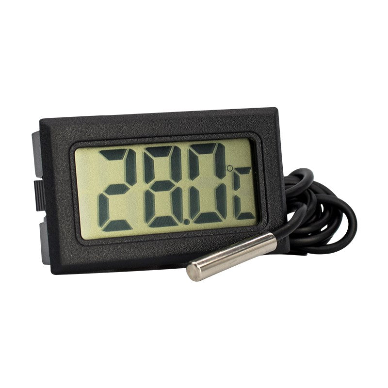 Waterproof probe thermometer with black LCD display and metal sensor tip, attached cable