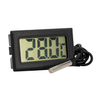 Waterproof probe thermometer with black LCD display and metal sensor tip, attached cable