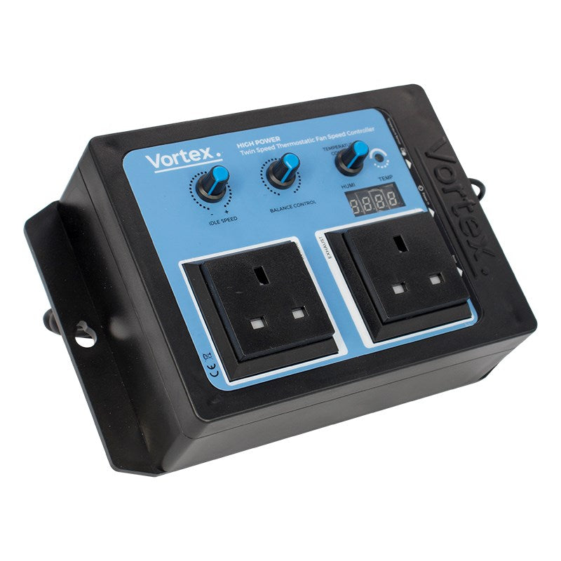 Vortex fan speed controller with blue display, two outlets, and dual speed/thermostat knobs