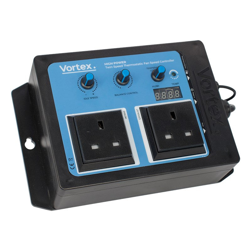 Vortex fan speed controller with blue control panel, dual knobs, and two plug-in outlets
