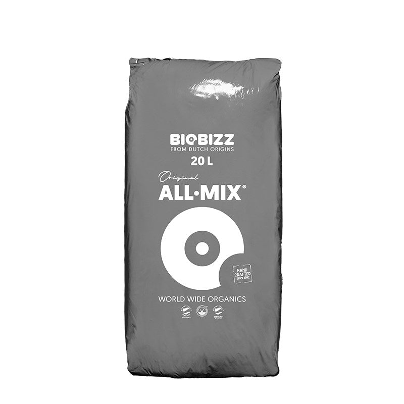 Biobizz All-Mix soil bag, 20 L, dark gray with white logo and “All-Mix” text