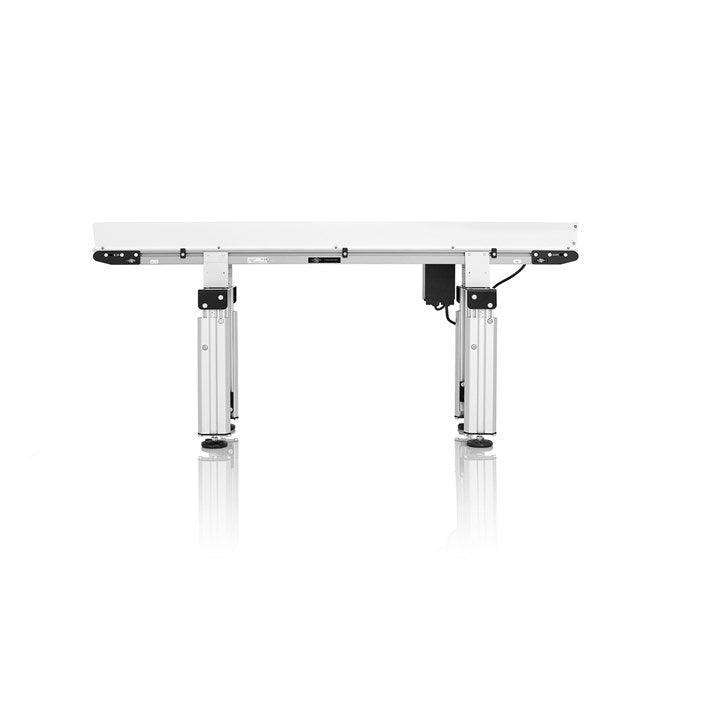 Conveyor trimmer with white table, black end rails, and four adjustable legs