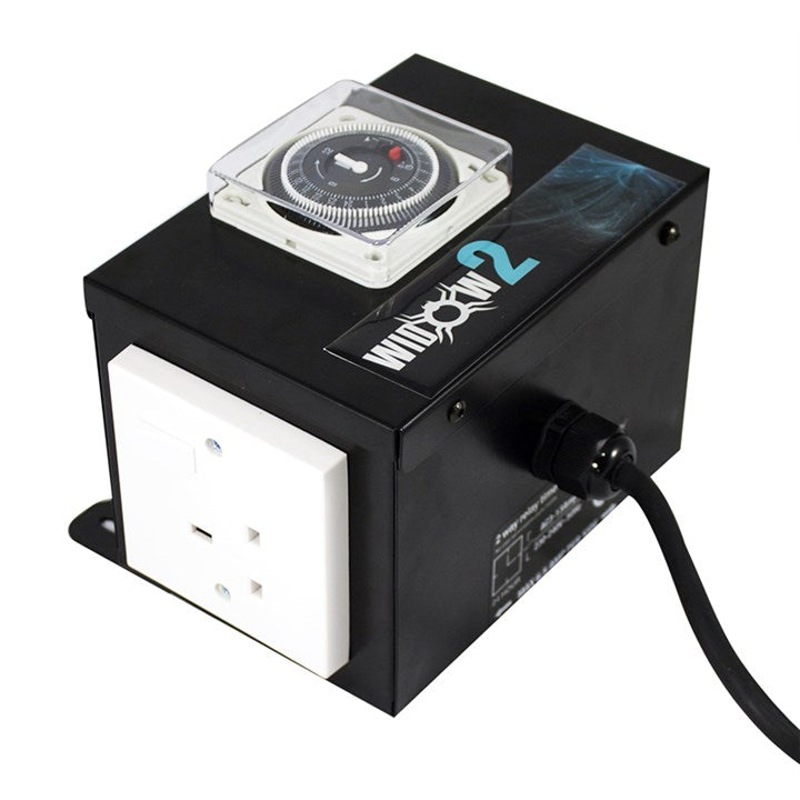Omega contactor with rotary dial, black housing, and two white outlet panels