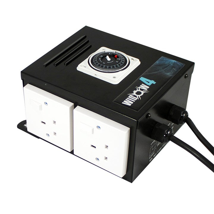 Contactor unit with top rotary dial, black housing, and two white outlet panels