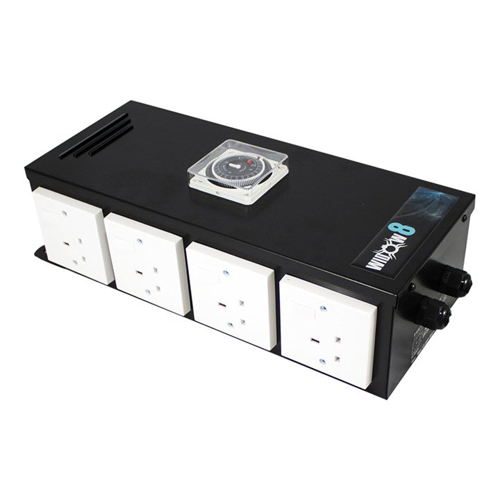 Contactor unit with top window and rotary dial, black housing, and four white outlet panels