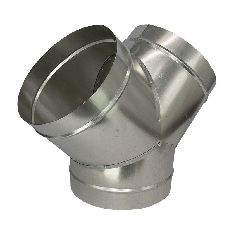 Silver metal Y-piece duct fitting with two black-lined outlets and central collar