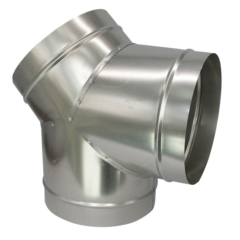 Silver metal Y-piece duct fitting with two round outlets and one flanged end