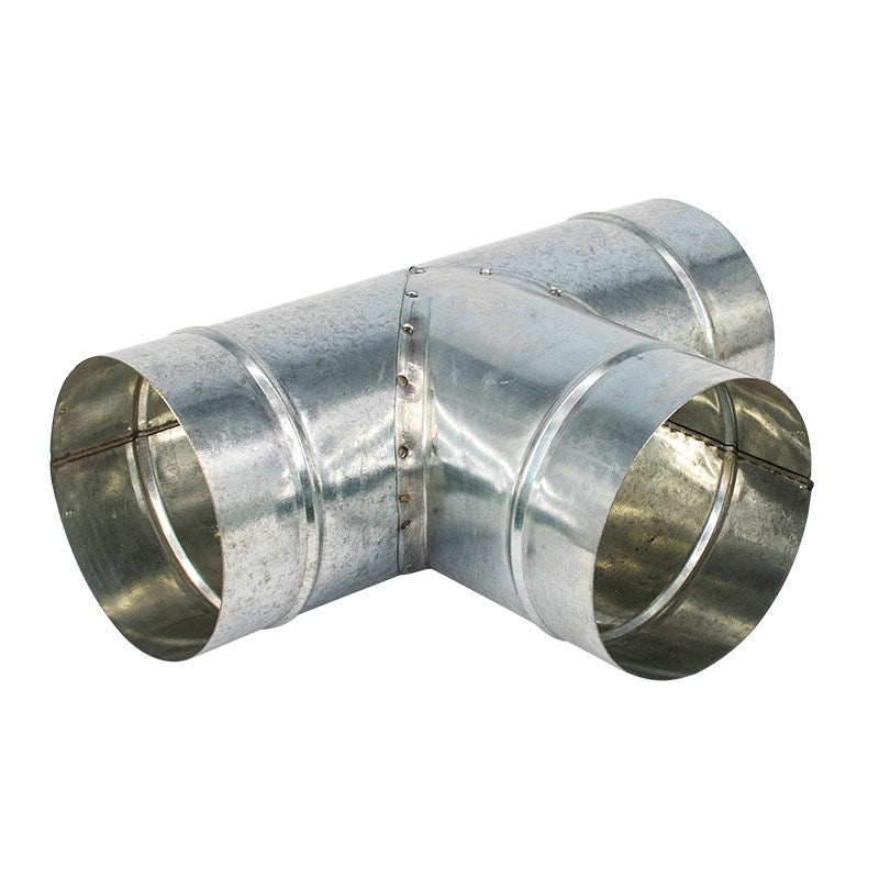 Galvanized metal duct T-piece with angled branch and three circular connection ends