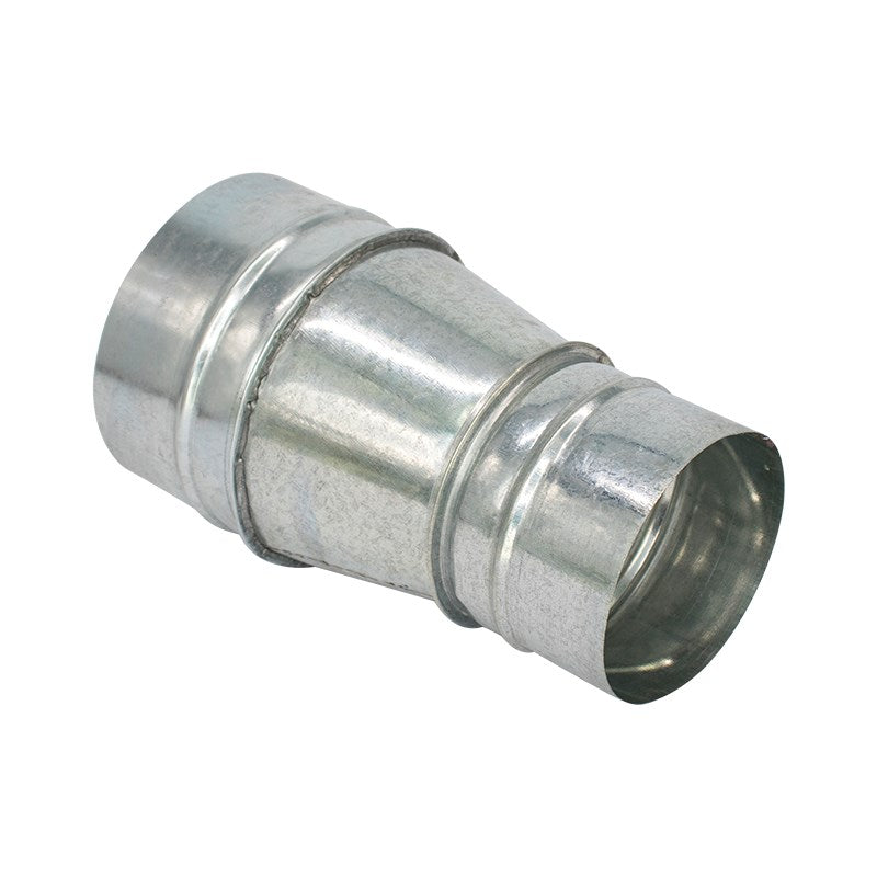 Metal duct reducer connector with shiny galvanized surface and banded crimp seams
