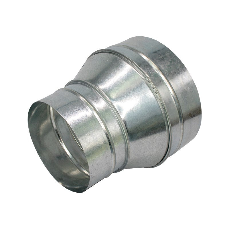 Metal duct reducer fitting with flared inlet, two crimp bands, and silver finish