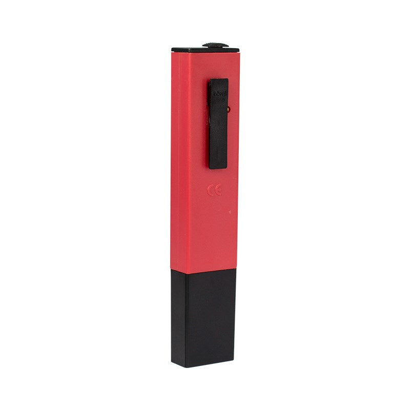 Red pH meter with CE marking and electrode slot on black base