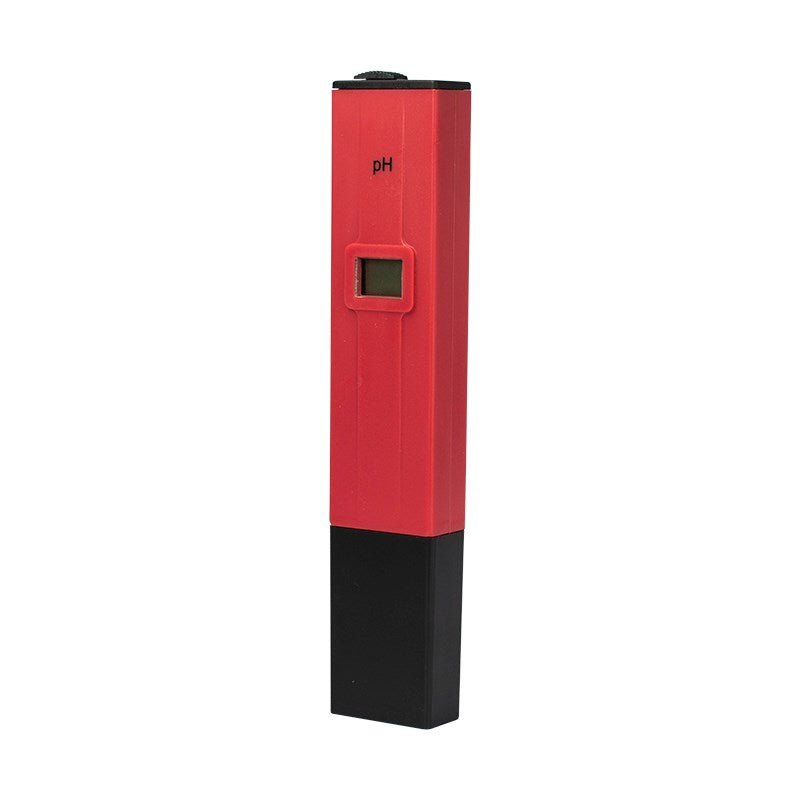 Red and black pH meter with electrode port and pH label