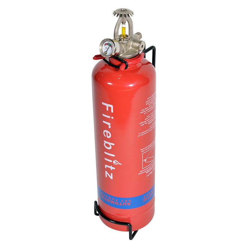 Red fire extinguisher cylinder with pressure gauge and brass actuator, metal mounting stand