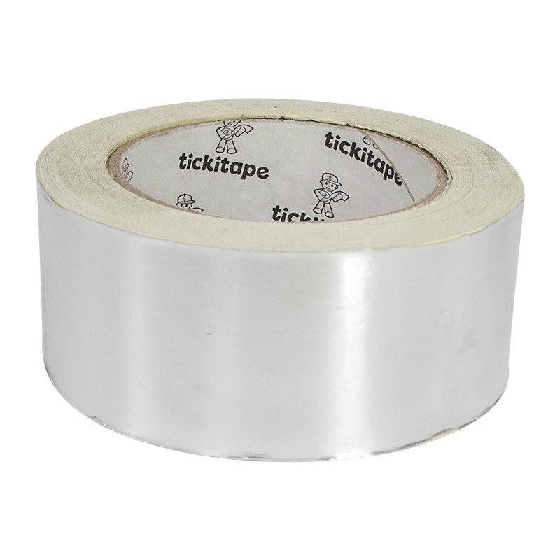 2-inch silver foil tape roll, top view, tickitape branding on inner core