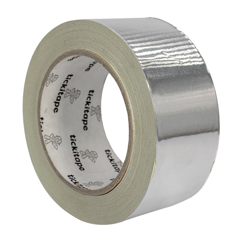 2-inch silver foil tape roll with paper backing and tickitape label on center