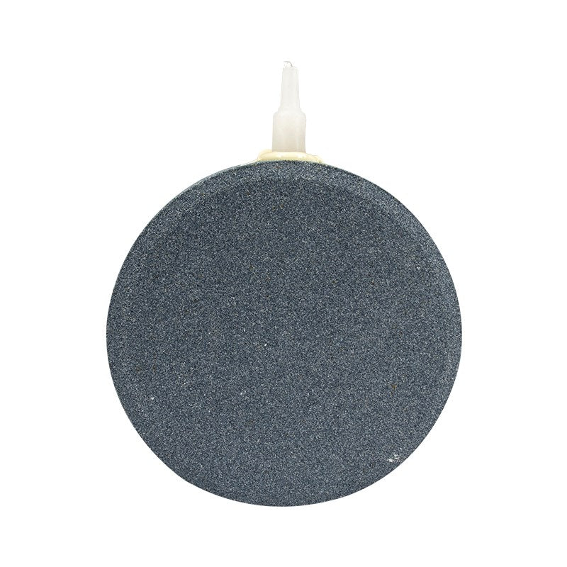 Round dark gray air stone, front view, with white connector