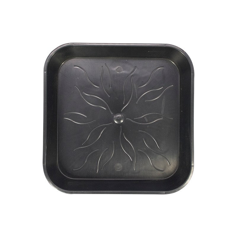 Square pot saucer, dark matte plastic with raised flower pattern in center