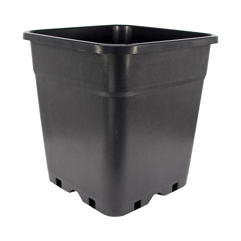 Square planter pot with dark textured exterior, open top and multiple bottom ventilation holes