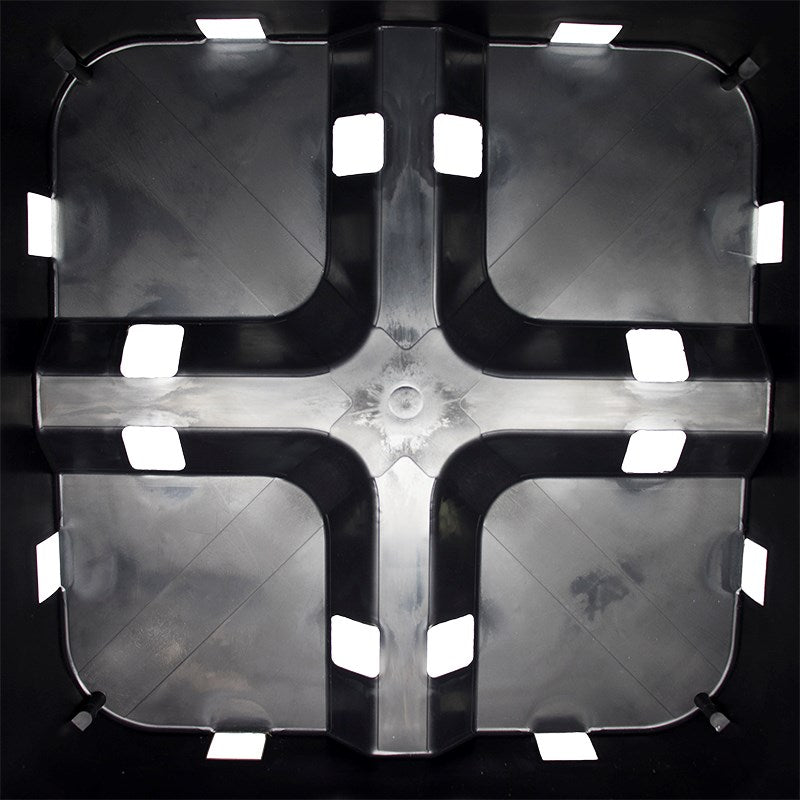 Square planter pot base insert with cross-shaped ribs and drainage openings