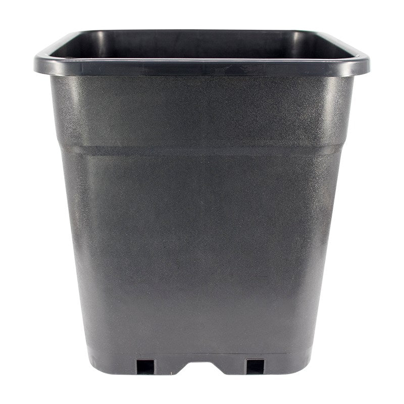 Square planter pot, dark plastic with open top and two side drainage openings at base