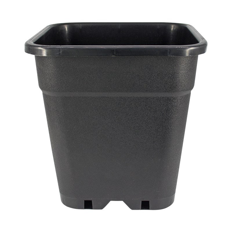 Square planter pot with dark textured surface, open top and two bottom drainage slots