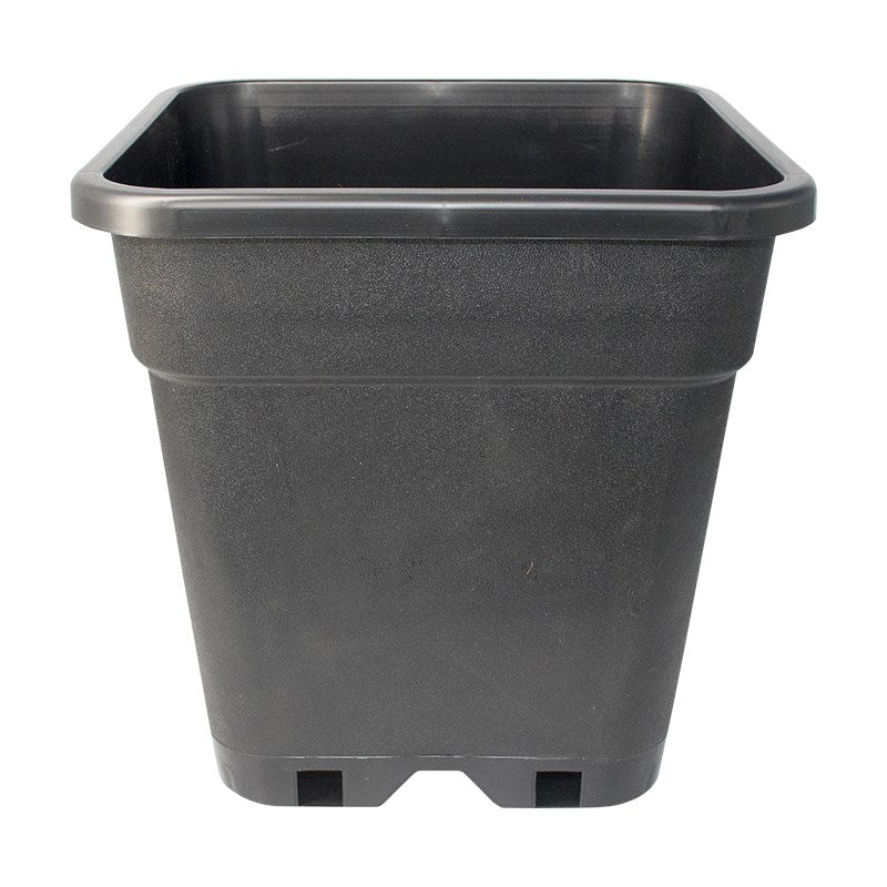 Square planter pot in dark textured plastic, open top and bottom drainage cutouts