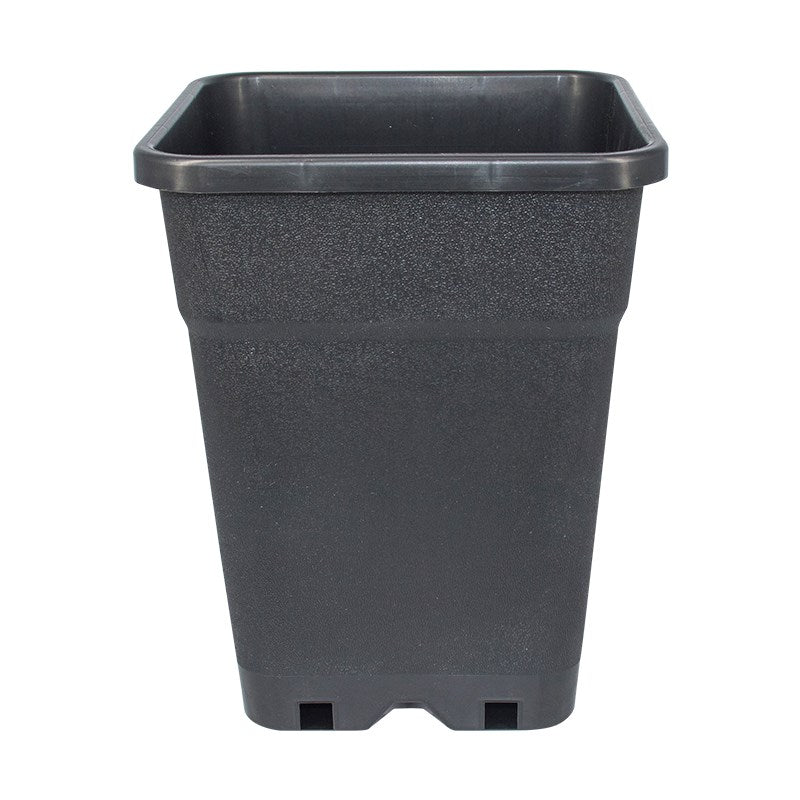 Square planter pot, dark textured finish, open top and two bottom drainage cutouts