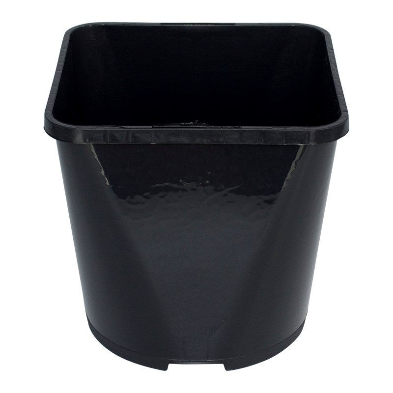 Black plastic planter pot with square top opening and reinforced rim