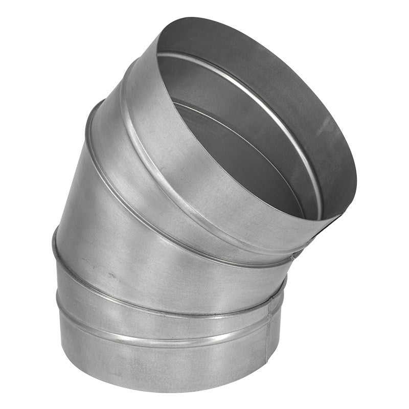 Silver 45-degree metal duct elbow with black inlet rim and curved seam bands