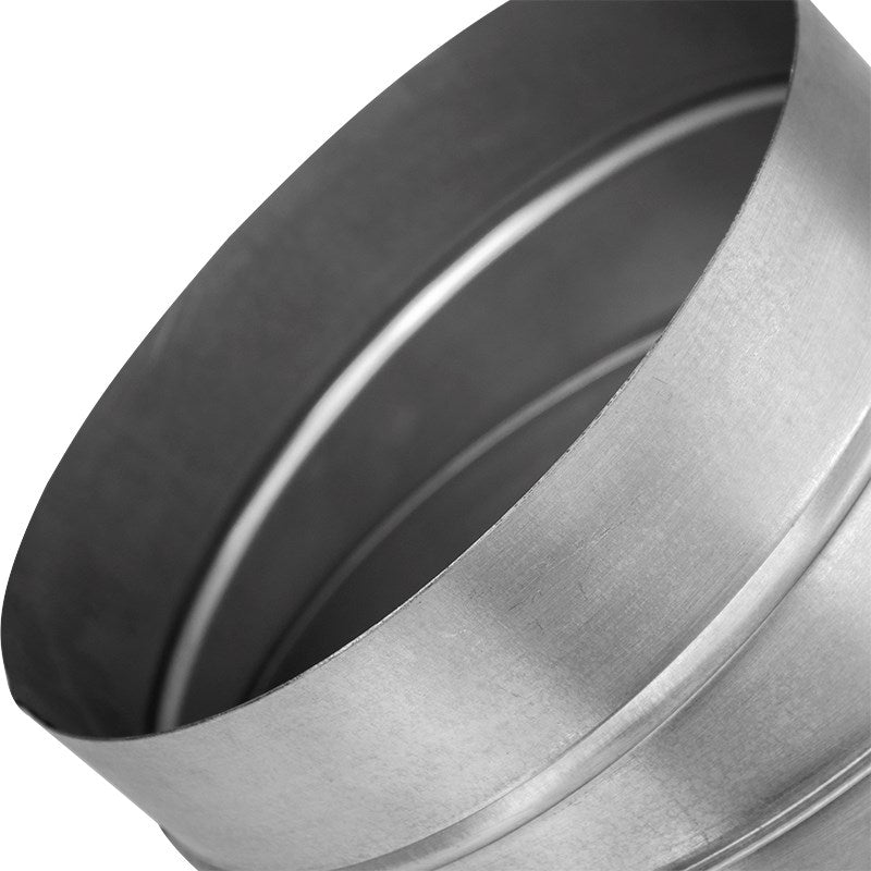 Close-up of black inlet rim and silver pressed duct elbow opening