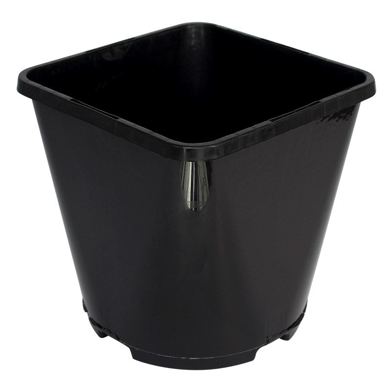 Black plastic planter pot with wide rim and raised bottom section