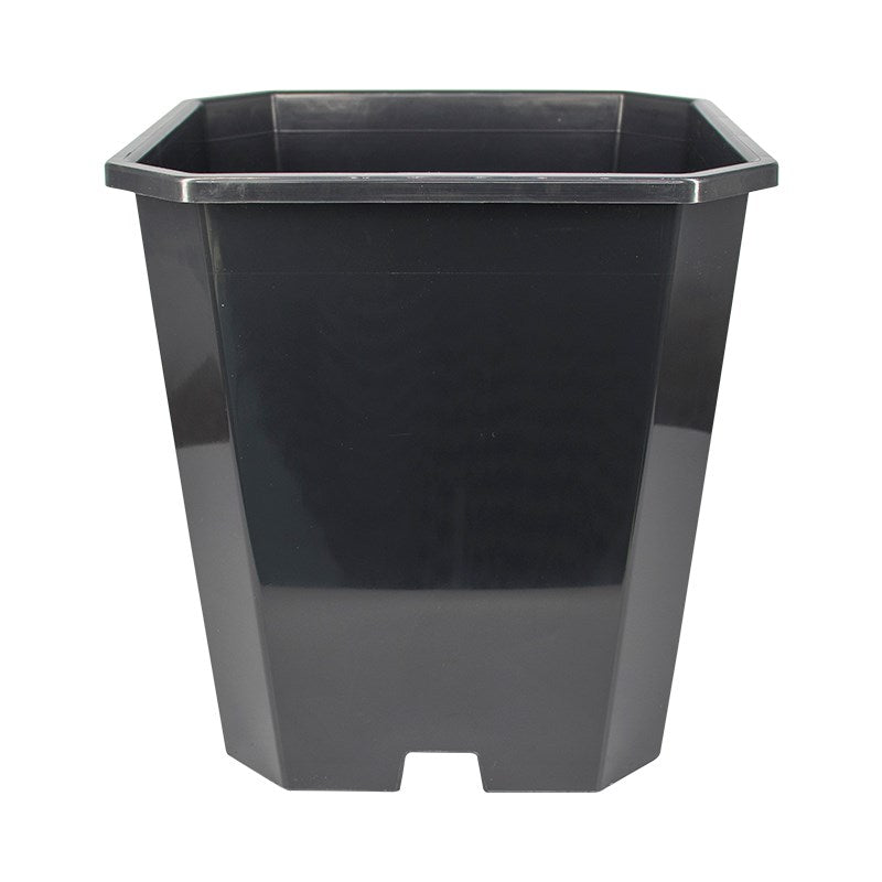 Square planter pot with glossy dark exterior and open top, visible base drainage blocks