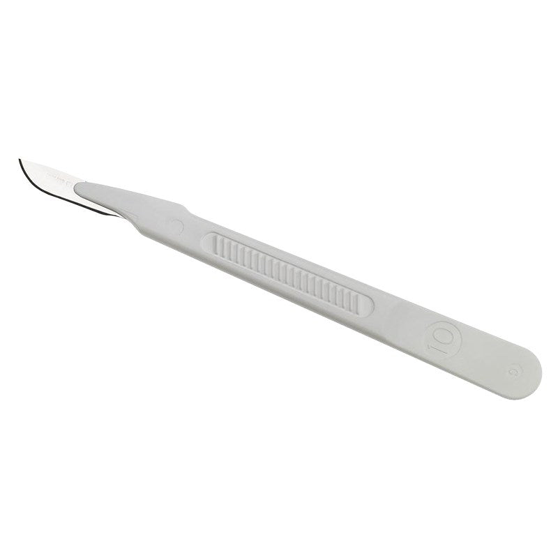 Grey sterile scalpels handle with curved blade tip
