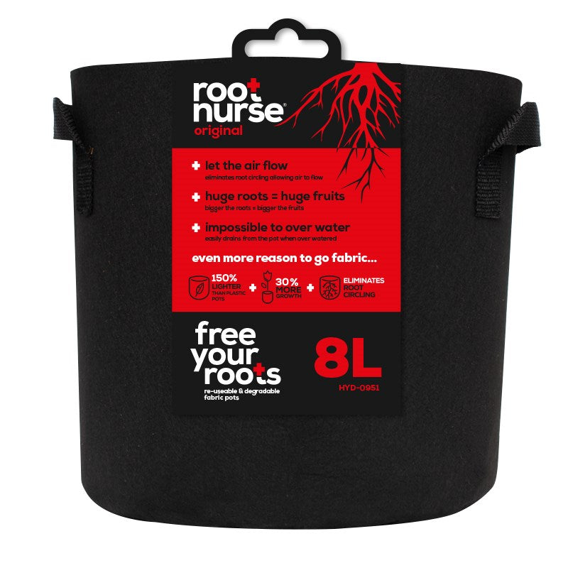 Black fabric plant pot with carry handles, 8L capacity label on front