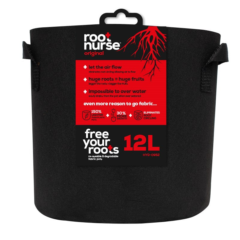 Black fabric plant pot with carry handles, 12L capacity label on front