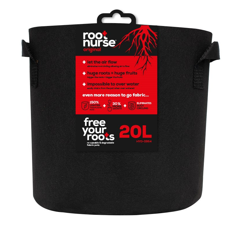 Black fabric plant pot with carry handles, 20L capacity label on front
