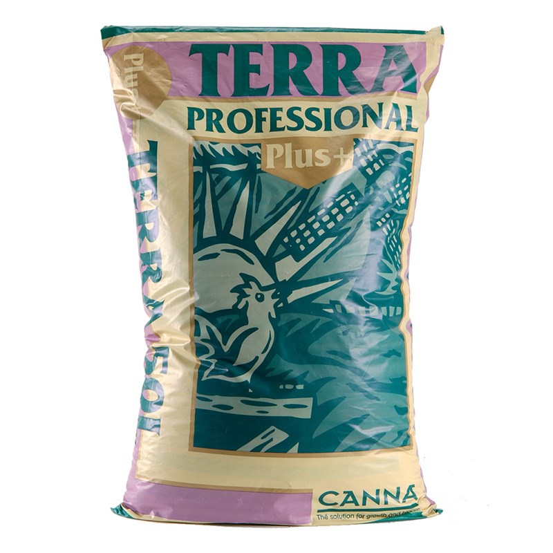 Canna Terra Professional Plus+ 50L soil bag, purple and green branded print