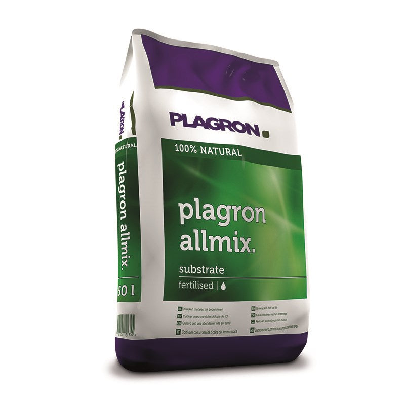 Plagron Allmix fertilised garden substrate bag, purple and green, 50L size label