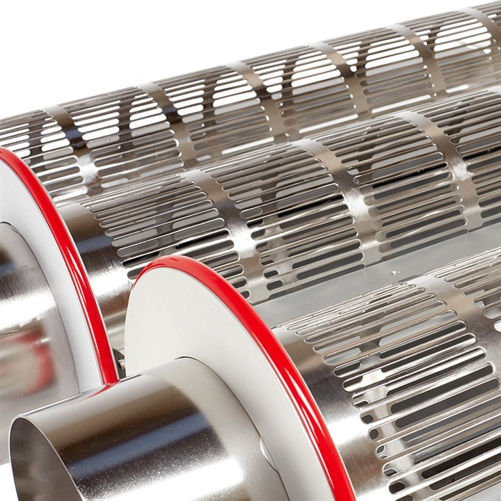 Metal grill surface and curved housing with red-trimmed intake on trimmer machine
