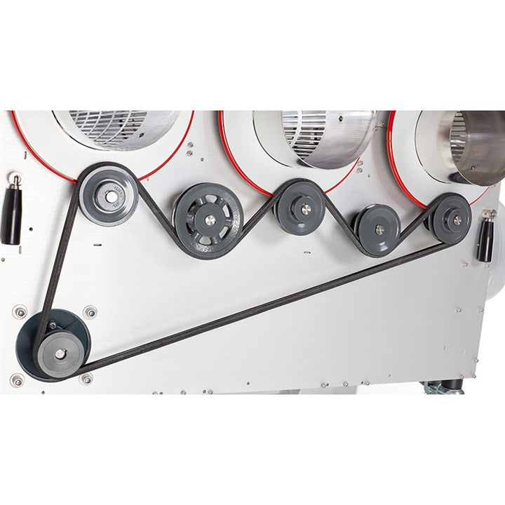 Trimmer machine drive belt and rollers with metal pulleys, white body, red trim