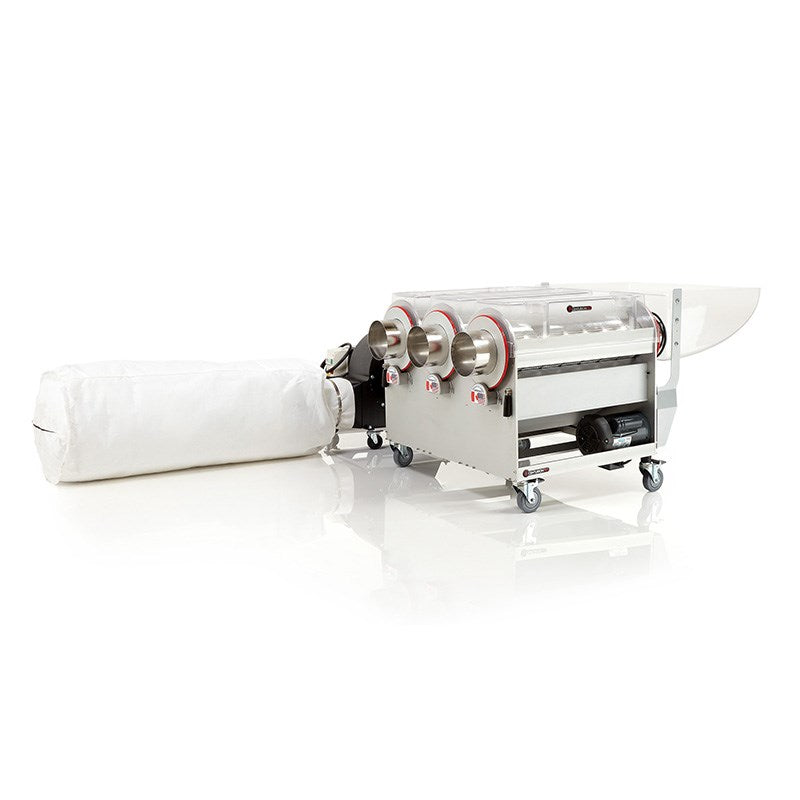 3.0 trimmer machine with feed bag, metal rollers, and white housing on casters